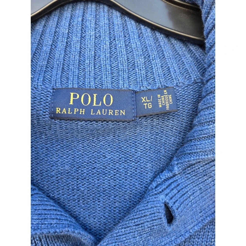 Polo Ralph Lauren Mens XL Blue Cotton Button Mock Neck Sweater Preppy Pony Logo